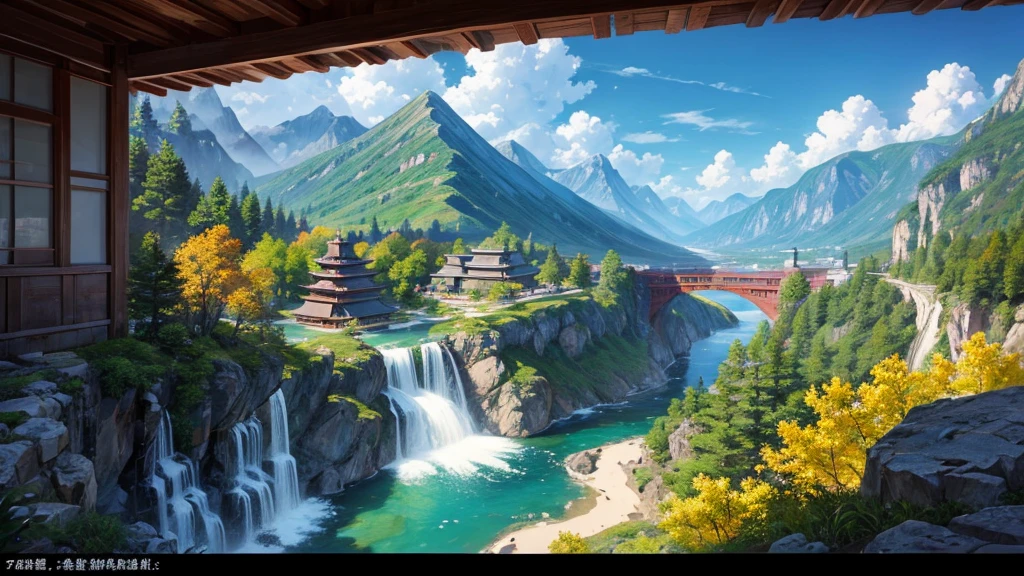 The painting depicts a traditional East Asian landscape with soaring rocky mountains studded with trees, The waterfall falls into the river flowing over the curved bridge, and many fall-colored trees at the foot of the mountain. In the sky there were two white birds flying and on the top of the mountain there was a small temple. The sky is painted gently to create the feeling of fog or clouds. The upper right corner of the picture has Chinese characters, could be the artist's signature or a poem related to the work.