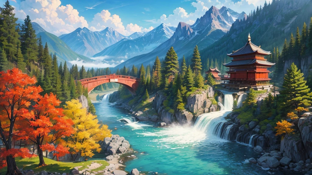 The painting depicts a traditional East Asian landscape with soaring rocky mountains studded with trees, The waterfall falls into the river flowing over the curved bridge, and many fall-colored trees at the foot of the mountain. In the sky there were two white birds flying and on the top of the mountain there was a small temple. The sky is painted gently to create the feeling of fog or clouds. The upper right corner of the picture has Chinese characters, could be the artist&#39;s signature or a poem related to the work.