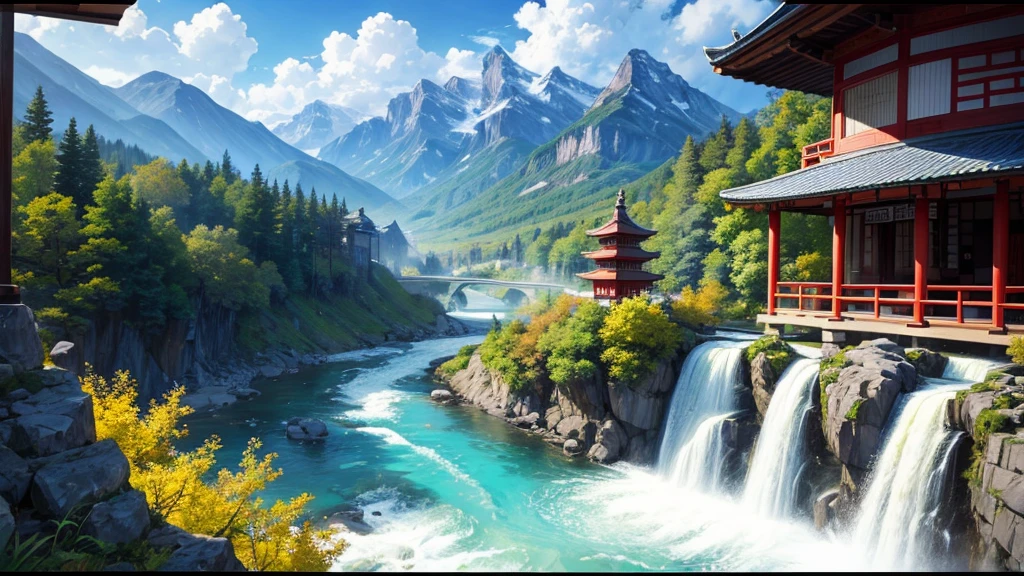 The painting depicts a traditional East Asian landscape with soaring rocky mountains studded with trees, The waterfall falls into the river flowing over the curved bridge, and many fall-colored trees at the foot of the mountain. In the sky there were two white birds flying and on the top of the mountain there was a small temple. The sky is painted gently to create the feeling of fog or clouds. The upper right corner of the picture has Chinese characters, could be the artist&#39;s signature or a poem related to the work.