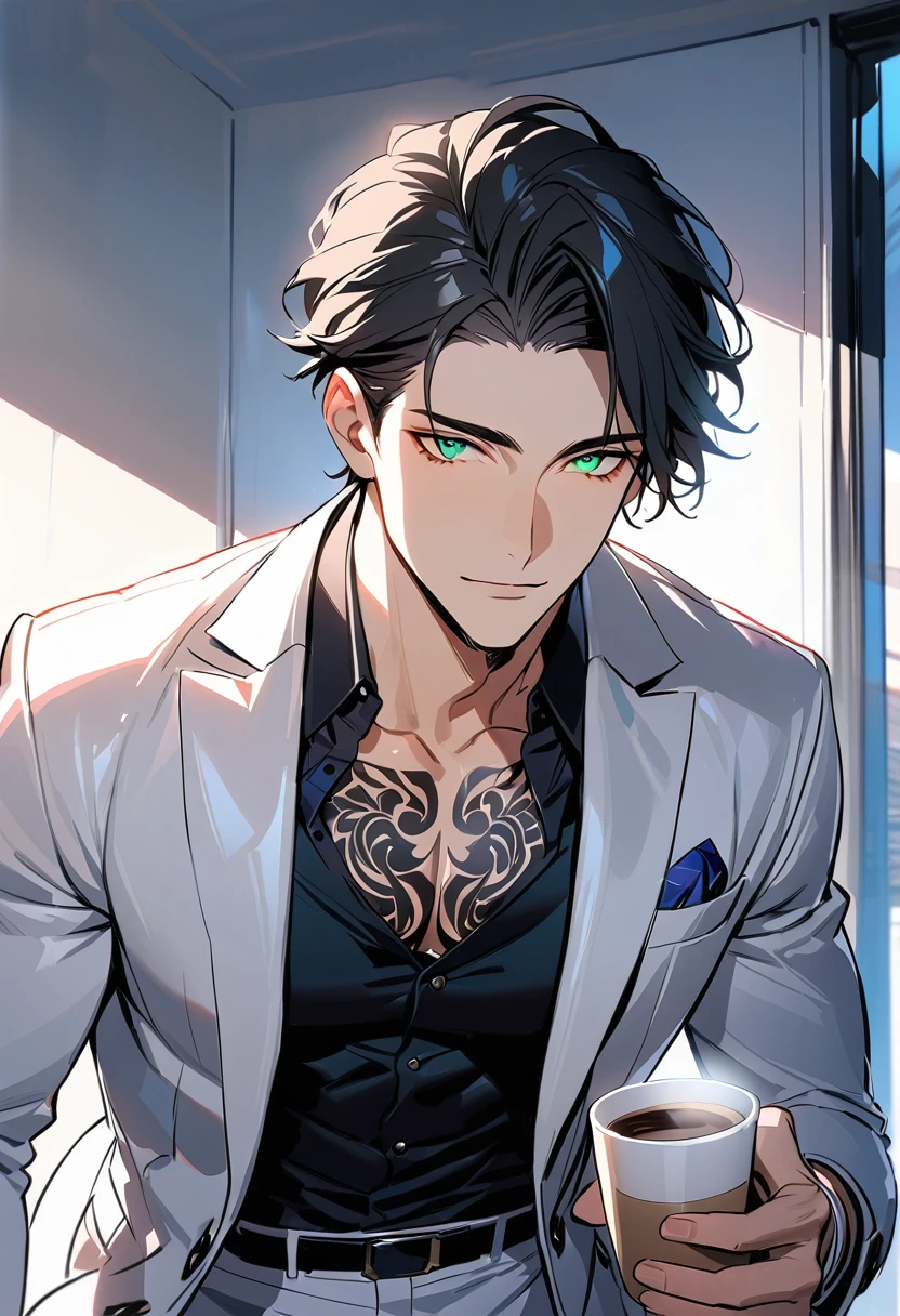 1 male, 25 years old British male, decisive, graceful, tattooed, emerald eyes, black hair, white suit, black shirt, tie, British gentleman, white pants, office president, (Muscle:1.4, broadshouldered:1.4, disciplined body)
Standing, holding a cup of coffee in his hand，Office President，一个现代Handsome哥，25-year-old male，Black Hair，Green eyes，short hair，No bangs，Show forehead，Middle parted hair，young people，Dynamic Hair，Delicate face，Bright Eyes，Gem Eyes， Extremely detailed eyes， Handsome，Handsome，White skin，Single photo，Upper body photo from thigh up，Handsome哥，Handsome face，masterpiece，HD，masterpiece，Sense of division，a beautiful man，Exquisite eyes，Carefully sculpted hair，Rich in details，Standinging in front of a white background，Handsome哥，juvenile，blond，short hair，Handsome face，Handsome，Handsome，超级Handsome哥，White skin，Fair skin，Handsome哥，Handsome face，Pretty Face，indifferent的表情，Reflective hair，Shiny hair，现代都市Handsome哥，Modern Clothing，Fashion，Casual jacket，trend，Handsome，upright，Standing，front，Moderate，Direct vision，Eye height，Wearing a white coat，Black pants，front面貌，front，Stay away from the camera，whole body，High cold temperament，Shoulder height，front面貌直面镜头，（whole body照片），whole body，Imagine，blond，cold face，indifferent，cold，Don't laugh，Residence，poker face，4K, ((masterpiece)),((best quality)),((High Detail)),((Practical,)) ((best quality)), ((masterpiece)), ((Practical))，high resolution, ((Intricate details)), Very detailed,masterpiece, best quality, (Very detailed CG unity 8k wallpaper), (best quality), (Best Illustration Award), (Best shadow),,Ray Tracing, Very detailed
