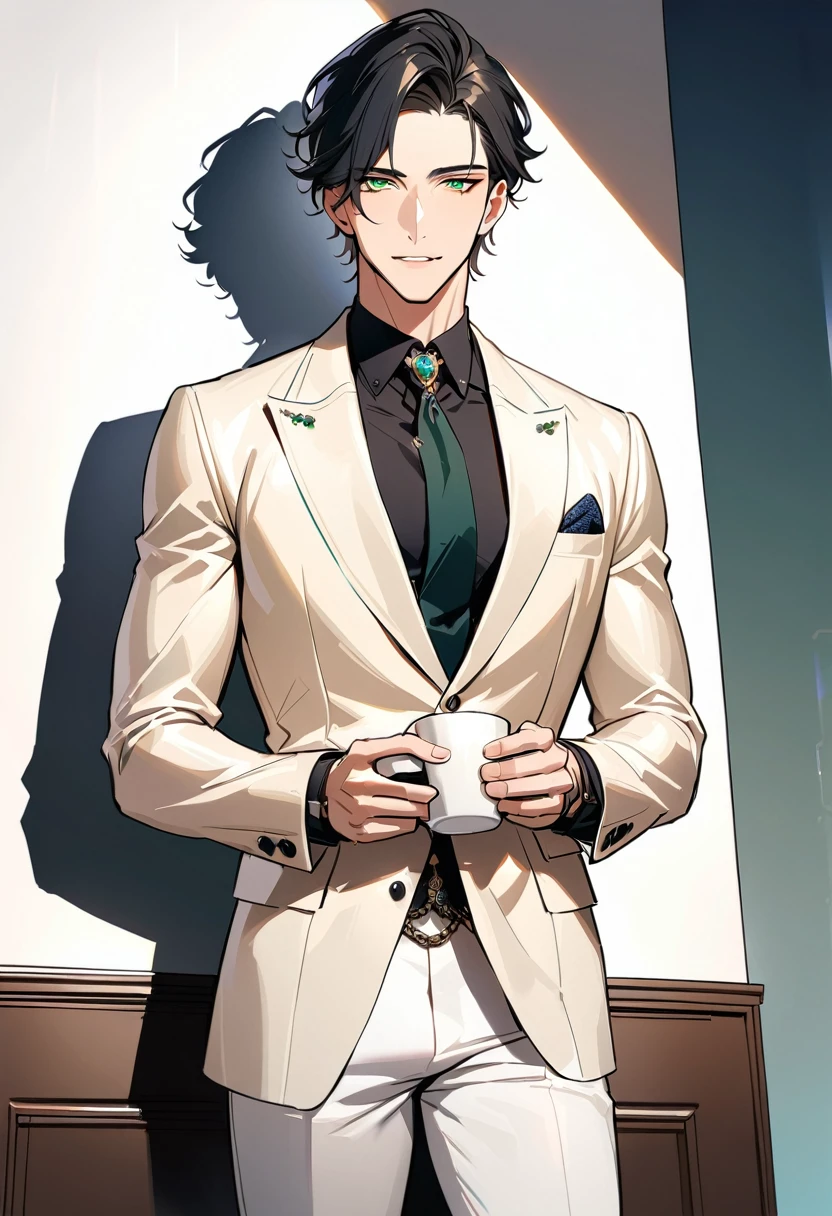 1 male, 25 years old British male, decisive, graceful, tattooed, emerald eyes, black hair, white suit, black shirt, tie, British gentleman, white pants, office president, (Muscle:1.4, broadshouldered:1.4, disciplined body)
Standing, holding a cup of coffee in his hand,Office President,一个现代Handsome哥,25-year-old male,Black Hair,Green eyes,short hair,No bangs,Show forehead,Middle parted hair,young people,Dynamic Hair,Delicate face,Bright Eyes,Gem Eyes, Extremely detailed eyes, Handsome,Handsome,White skin,Single photo,Upper body photo from thigh up,Handsome哥,Handsome face,masterpiece,HD,masterpiece,Sense of division,a beautiful man,Exquisite eyes,Carefully sculpted hair,Rich in details,Standinging in front of a white background,Handsome哥,juvenile,blond,short hair,Handsome face,Handsome,Handsome,超级Handsome哥,White skin,Fair skin,Handsome哥,Handsome face,Pretty Face,indifferent的表情,Reflective hair,Shiny hair,现代都市Handsome哥,Modern Clothing,Fashion,Casual jacket,trend,Handsome,upright,Standing,front,Moderate,Direct vision,Eye height,Wearing a white coat,Black pants,front面貌,front,Stay away from the camera,whole body,High cold temperament,Shoulder height,front面貌直面镜头,(whole body照片),whole body,Imagine,blond,cold face,indifferent,cold,Don't laugh,Residence,poker face,4K, ((masterpiece)),((best quality)),((High Detail)),((Practical,)) ((best quality)), ((masterpiece)), ((Practical)),high resolution, ((Intricate details)), Very detailed,masterpiece, best quality, (Very detailed CG unity 8k wallpaper), (best quality), (Best Illustration Award), (Best shadow),,Ray Tracing, Very detailed