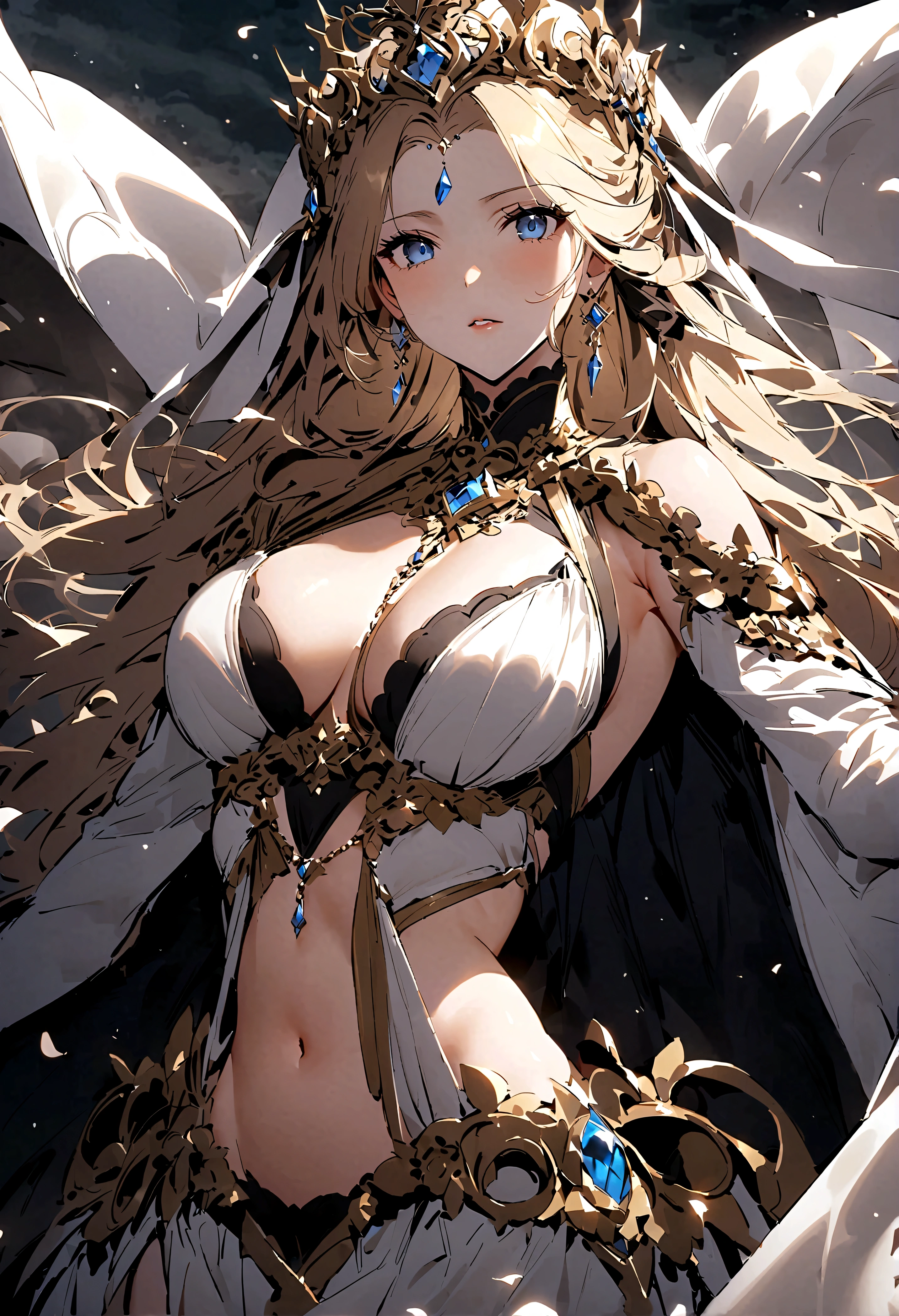 (only one person),Dark sky,((Winter)),dark clouds,Ice Crown,goddess,(Short flowing hair),Sexy,noble,grace