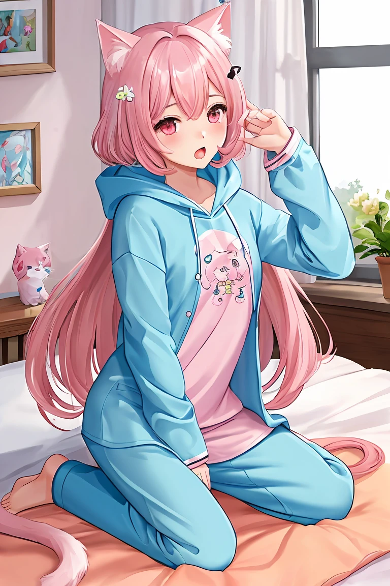 score_9,score_8_up,score_7_up,masterpiece, top quality, best quality, official art, beautiful and aesthetic, animation, , 1girl with cat ear, perfect figure, pink hair, complicated details, bedroom, long pink hair, small fish hairpin, cute hooded pajamas, sleepy eyes, yawning ,