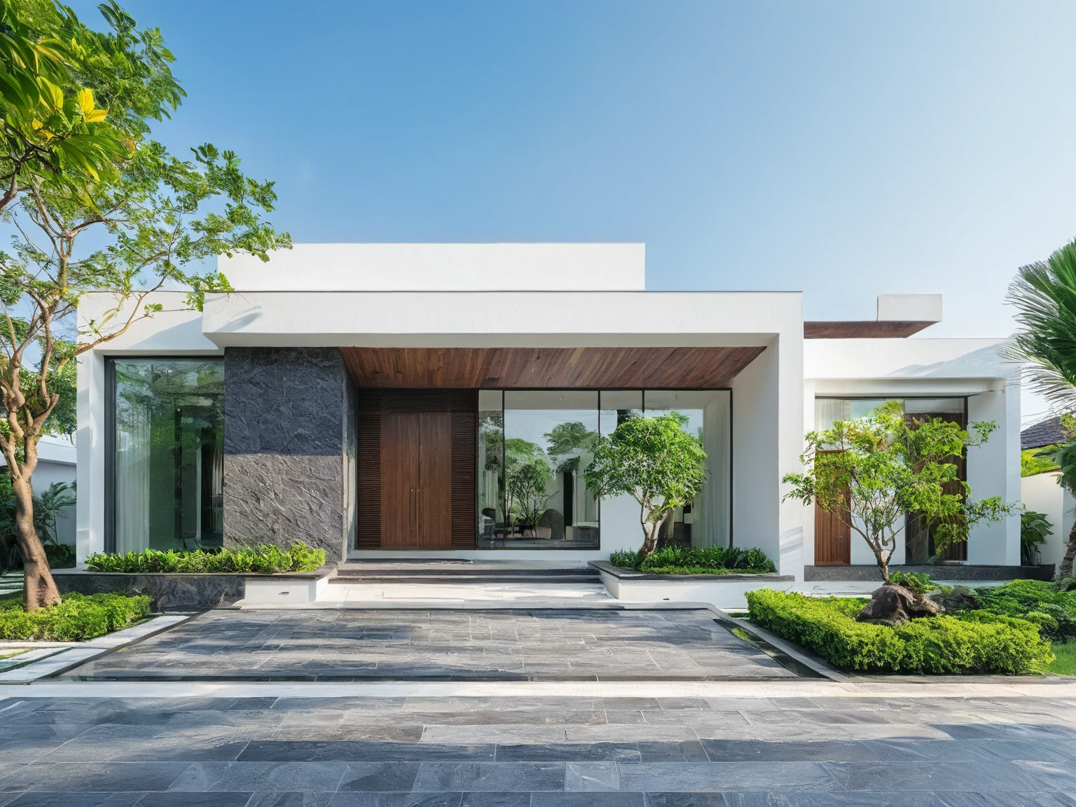 masterpiece, best quality, exterior design, single 1 storie modern house on the Vietnam village, modern dark tiled granite and white walls facade, wooden ceiling, large glass, minimalist modern style, green shrubs and tropical tree background, natural light, clear sky morning background, large door and windows,