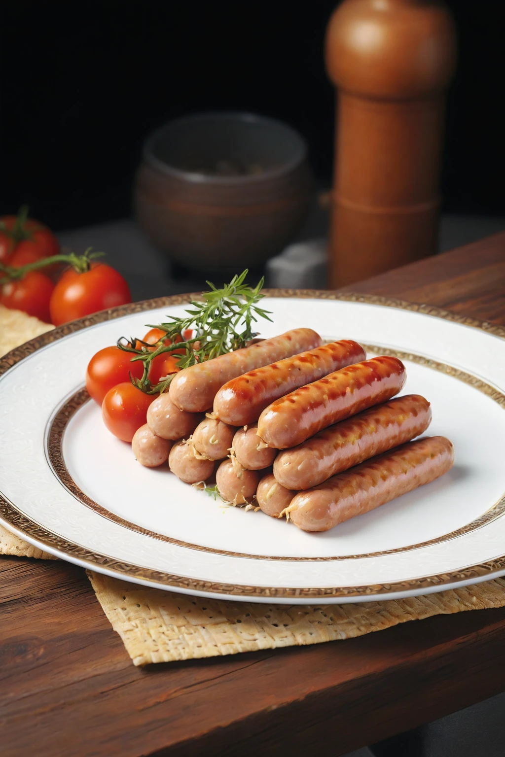 there are sausages and tomatoes on a plate on a table, sausages, nugget and sausage on plate, sausage, chorizo sausage, sausage hair, sausage, High-quality food photography, in stock, anonymous as a sausage, Good quality, tasty, Marketing photos, 非常tasty, serve on a plate, Hyper-realistic food pictures, professional food photo, illinois, Panoramic view