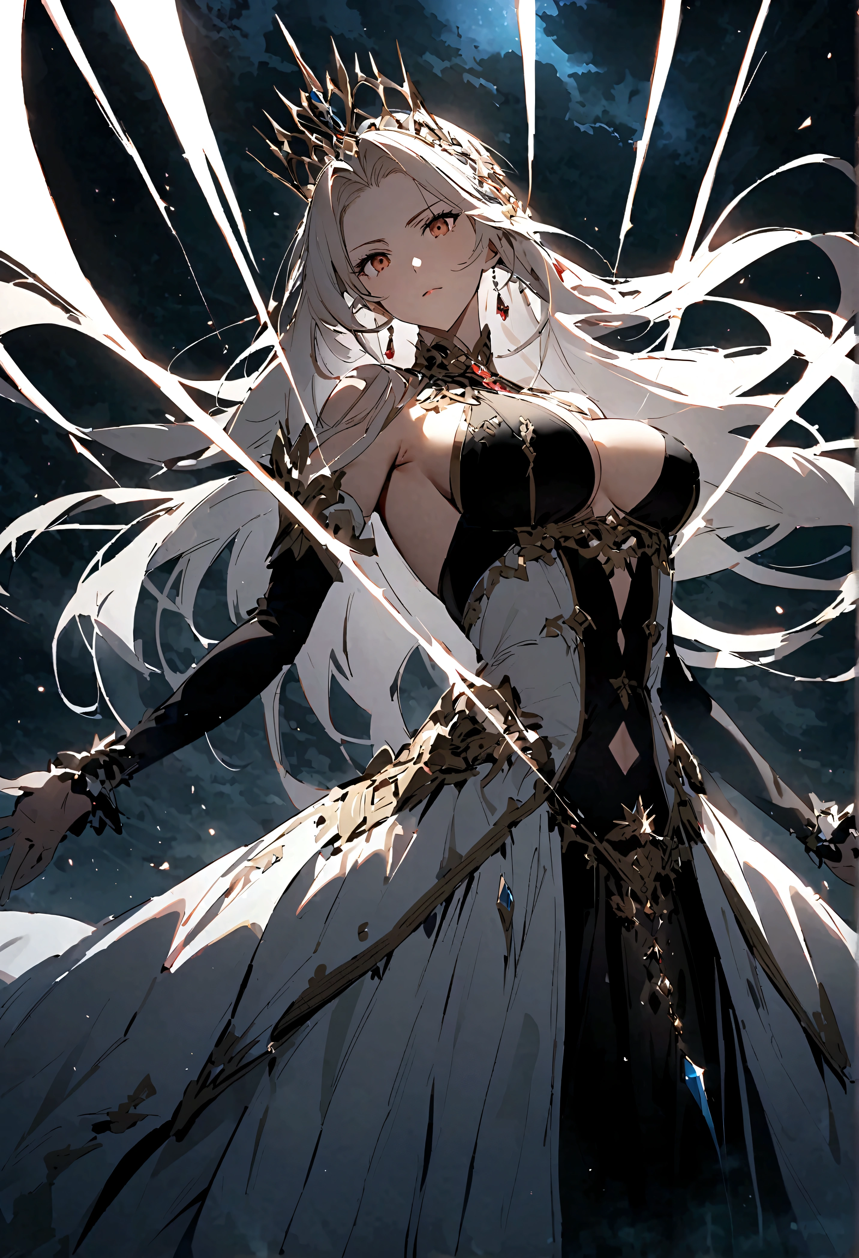 （only one person），Dark sky，((Winter))，dark clouds，Ice Crown，goddess，(Short flowing hair)，Sexy，noble，grace
