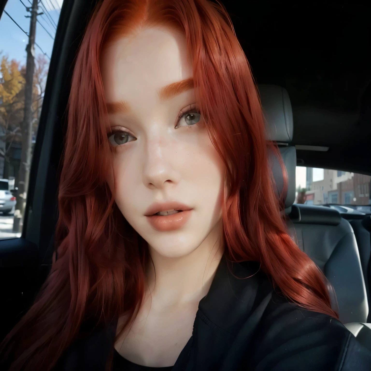 a close up of a woman With red hair in a car, she has red hair, With red hair, bright crimson head, 19 year old girl, dyed red hair, pretty face with brown and red hair, she has long orange hair, bright red hair, She has a pretty face, too red, taken in the early 2020s