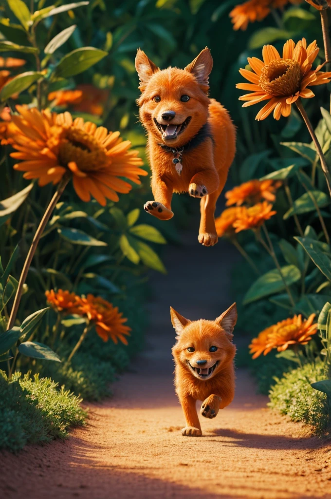 HD, Disney Pixar style, digital painting, natural lighting, rich background, edge lighting, dreamy color tone, color palette, 16:9 aspect ratio. This image shows a small orange and black Ponanea running happily over a flower park. with his eyes open, as if he were enjoying a sweet walk.