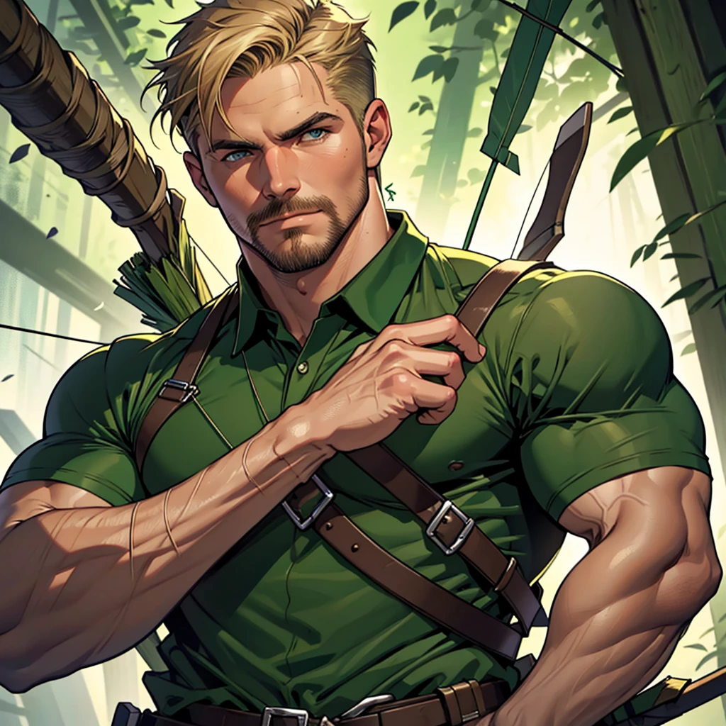 32k, 1 man , 1solo man , high quality , detailed face , detailed fingers , detailed  hands detailed muscles  stephen amell as green arrow , wearing dark green outfit   , showing a dark blond short hair , a thick facial hair , a thick blond moustache , a bulge ,hunk and handsome, shooting with his bow and arrow toward the ennemy