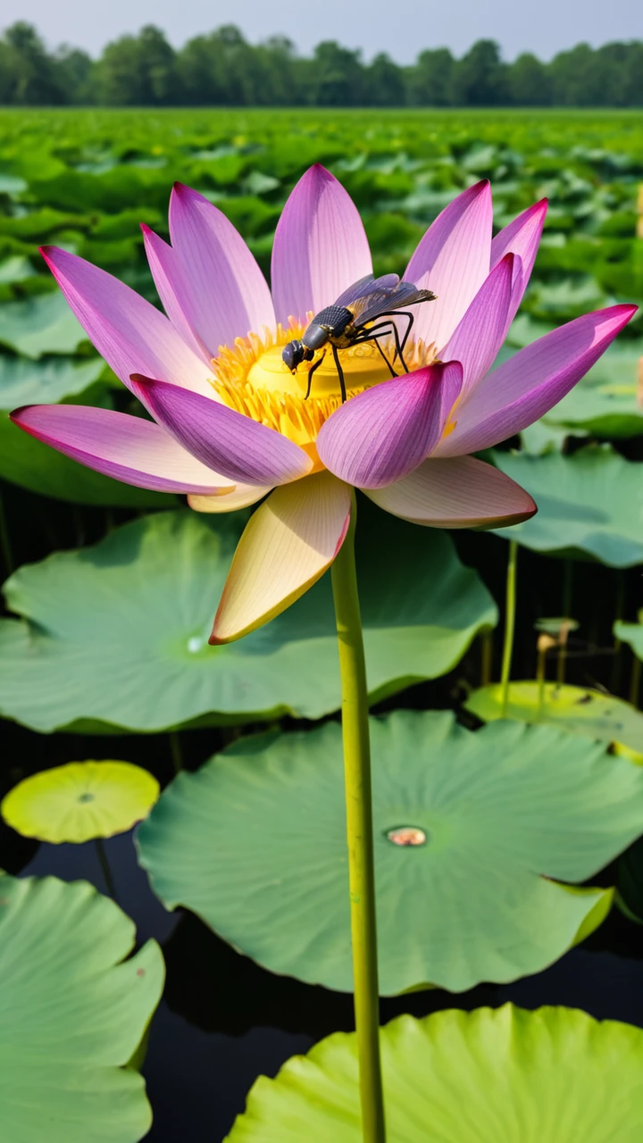 Dragonfly landed on lotus, macro