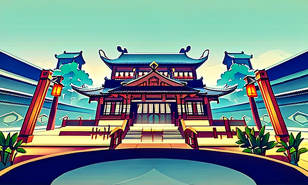  Traditional Chinese architecture"， Historical palace exterior，Overcast sky，Serene garden with trees and lanterns，Wet ground，Slight wind movement，There are mountains in the distance，Looking up，Hayao Miyazaki，Ghibli style，Cloudy atmosphere，There is a pond，There are aquatic plants

