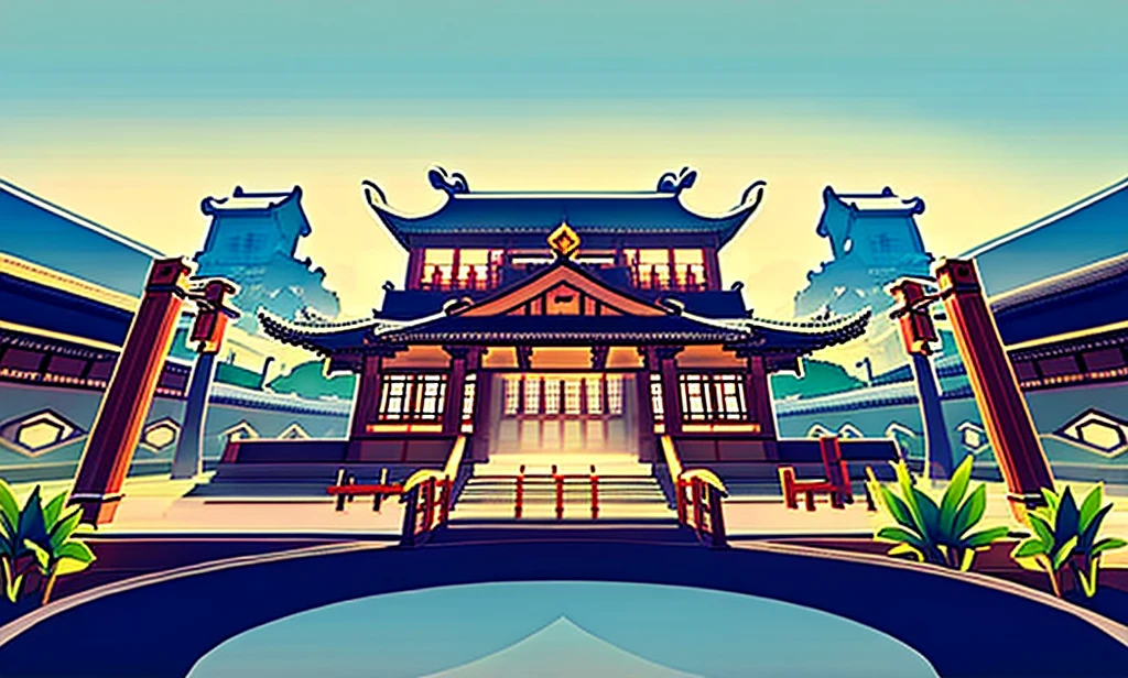  Traditional Chinese architecture"， Historical palace exterior，Overcast sky，Serene garden with trees and lanterns，Wet ground，Slight wind movement，There are mountains in the distance，Looking up，Hayao Miyazaki，Ghibli style，Cloudy atmosphere，There is a pond，There are aquatic plants

