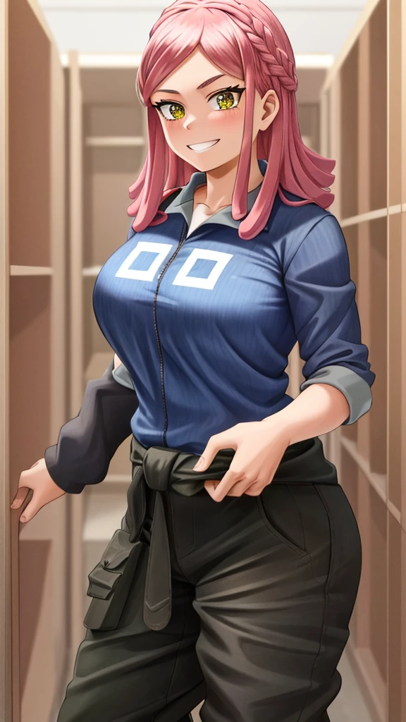 ((best quality)), ((highly detailed)), masterpiece, detailed face, beautiful face, (detailed eyes, deep eyes), (1girl), cowboy shot, hatsume mei(MHA), pink hair, yellow eyes, symbol-shaped pupils, crosshair pupils, grin, (muscular female), extra massive breasts, my_hero_academia_gym_uniform, blue uniform, pants, inside, in a locker room