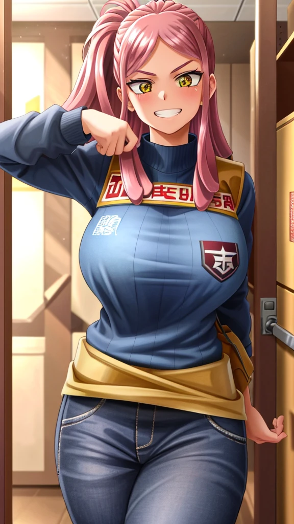 ((best quality)), ((highly detailed)), masterpiece, detailed face, beautiful face, (detailed eyes, deep eyes), (1girl), cowboy shot, hatsume mei(MHA), pink hair, yellow eyes, symbol-shaped pupils, crosshair pupils, grin, (muscular female), extra massive breasts, my_hero_academia_gym_uniform, blue uniform, pants, inside, in a locker room