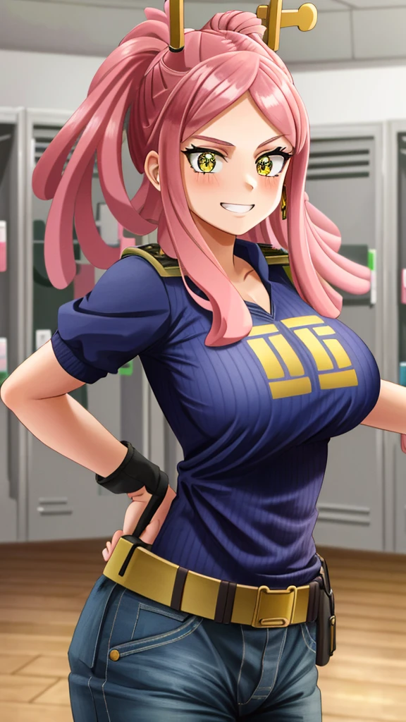 ((best quality)), ((highly detailed)), masterpiece, detailed face, beautiful face, (detailed eyes, deep eyes), (1girl), cowboy shot, hatsume mei(MHA), pink hair, yellow eyes, symbol-shaped pupils, crosshair pupils, grin, (muscular female), extra massive breasts, my_hero_academia_gym_uniform, blue uniform, pants, inside, in a locker room