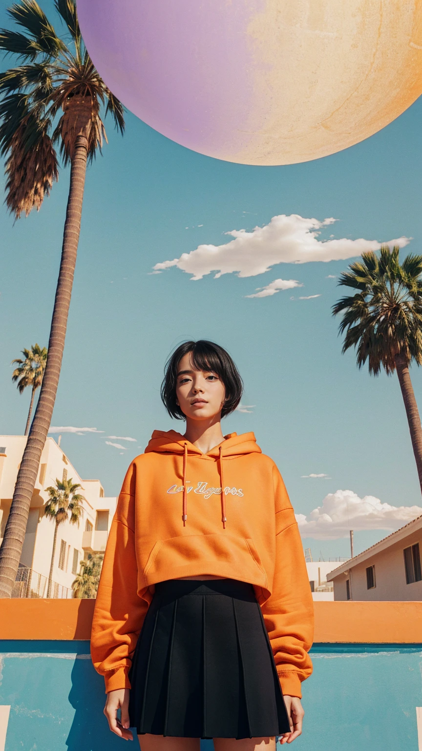 1 girl,looking front, wear ((orange oversized hoodie)), (purple tennis skirt),Best Quality,Masterpiece,Ultra High Resolution,(Realisticity:1.4),Original Photo, 8k, light leak,dark intens shadow,ultra high resolution,UHD,beautiful, (black bob hair), almond eye, no makeup, in front of 80's architecture colorful motel, (from below:1.2), (realistic:1.2), (surreal:1.3), (very detailed:1.1), ((masterpiece)),summer, blue sky, palm trees,sunny, los angles vibes