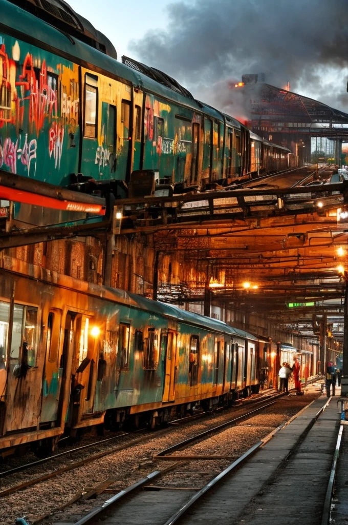 a group of gangsters is doing graffiti on a train carriage, with an abandoned train station in the background