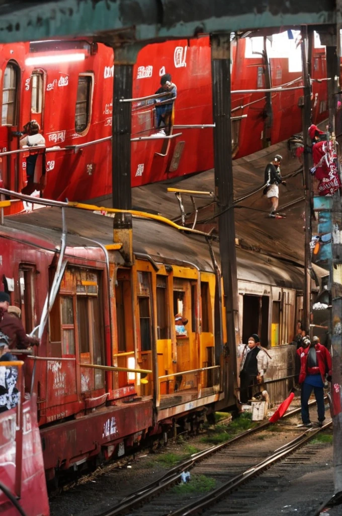 a group of gangsters is doing graffiti on a train carriage, with an abandoned train station in the background