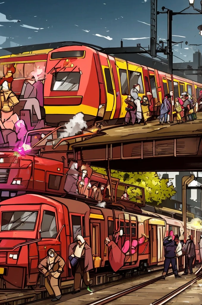 a group of gangsters is doing graffiti on a train carriage, with an abandoned train station in the background