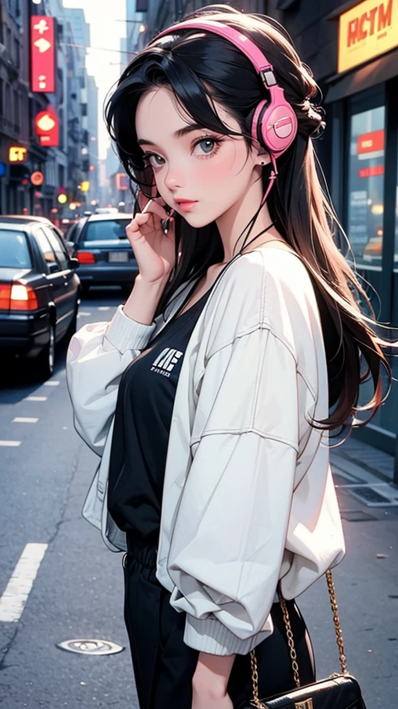 Street fashion girl Headphones LOFI Retro Stylish 1990s City evening