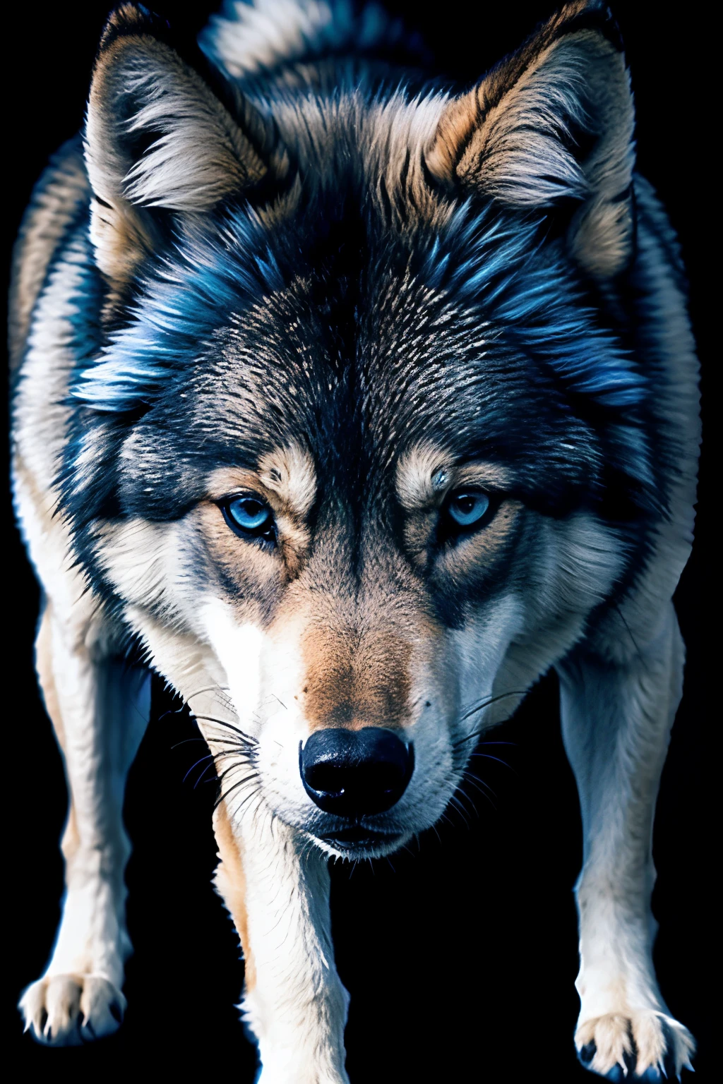 generate a fur that is a blue-eyed wolf showing its male reproductive organ
