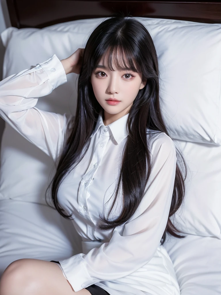 ((best quality, 8K, masterpiece :1.3)), 1 woman, whole body, beautiful woman, hidden face, very detailed face, very detailed eyes, double eyelid, long hair, black hair, face slimming, big bust, white long sleeve dress shirt, black short skirt, bed,