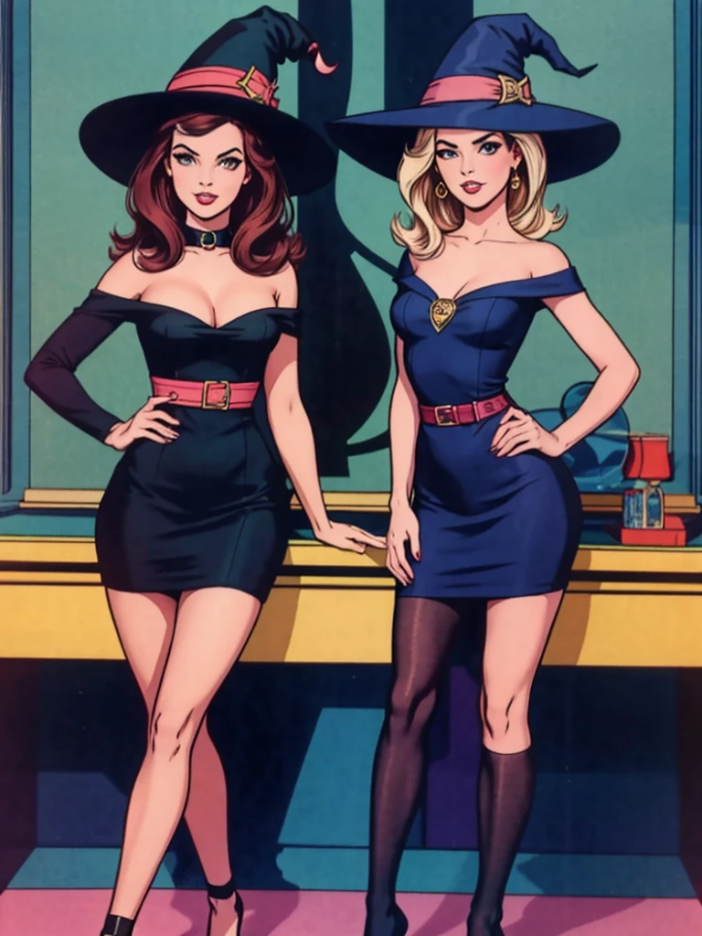 two fashionable young witch women posing for a picture, retro 60s girls fashion