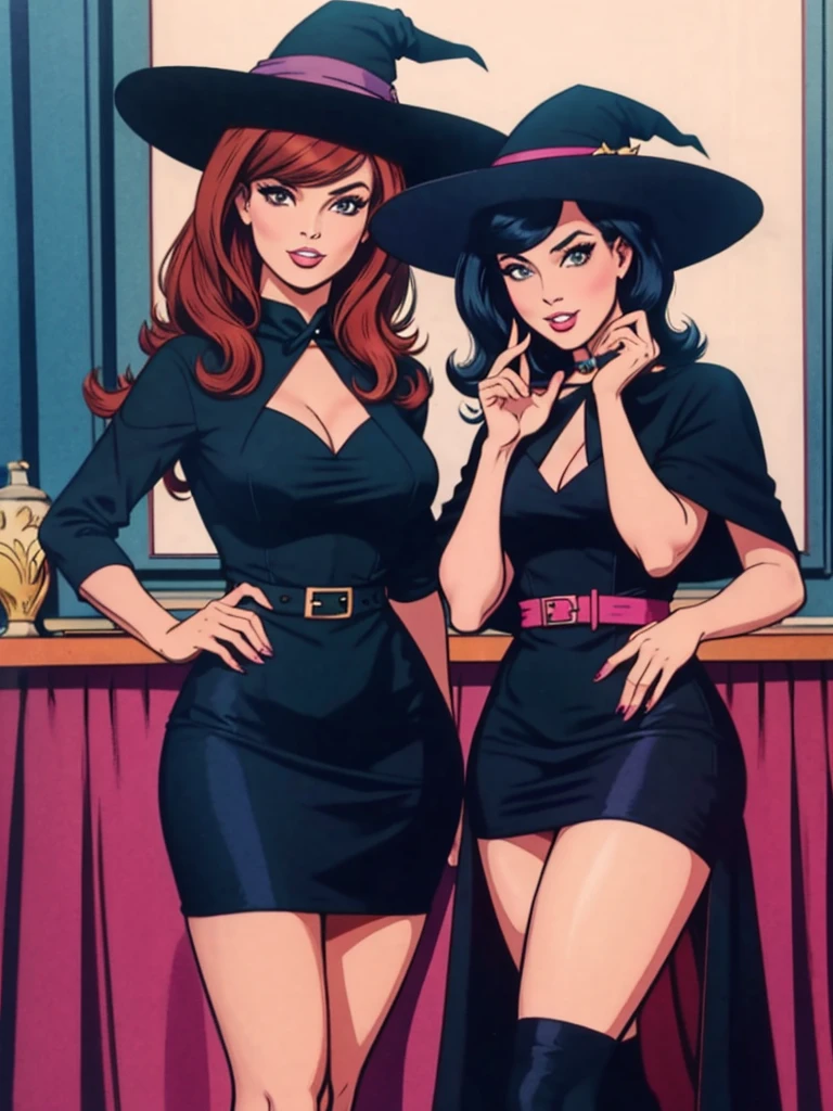 two fashionable young witch women posing for a picture, retro 60s girls fashion