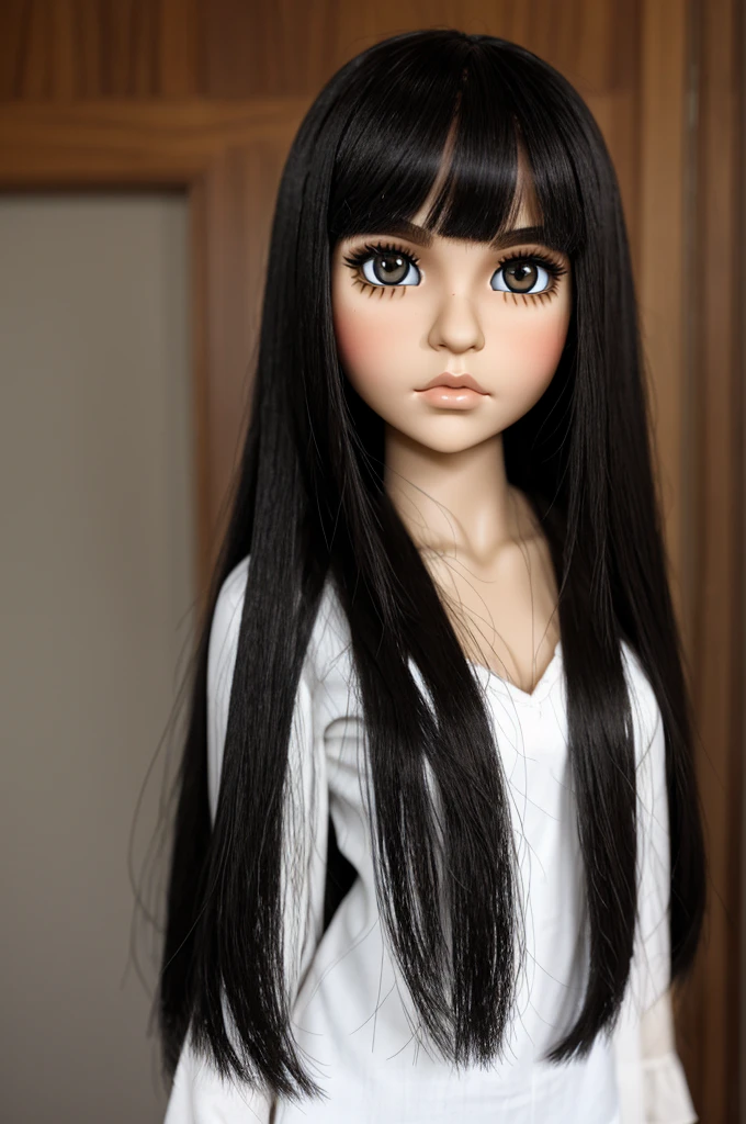 Blythe doll straight hair and black bangs, light skin, lip piercing, dark brown eyes, eye makeup with eyeliner with dark circles