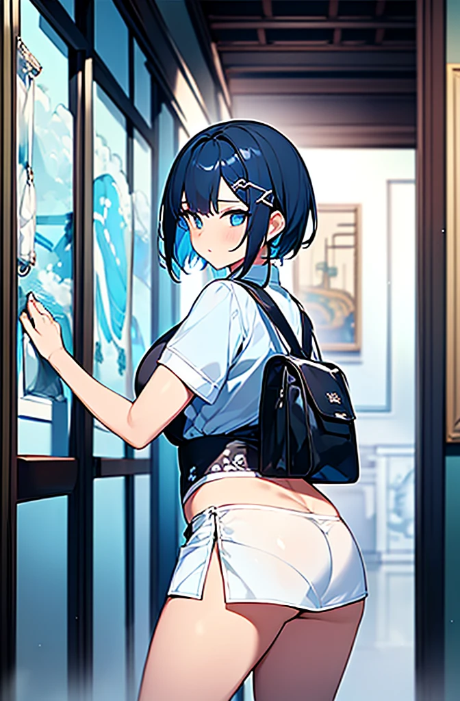 a beautiful detailed young woman with short blue hair and white hair ornaments, wearing a casual blue Chinese-style shirt, short white skirt, and Chinese-style sandals, carrying a black backpack, posing in an art museum with her white panties and cleavage visible, highly erotic scene, extremely detailed, 8K, photorealistic, intricate details, masterpiece, realistic lighting and shadows, vibrant colors, cinematic composition((Blue casual Chinese shirt、Black short hair、Blue and white hair ornament、Big Breasts、White mini skirt、Chinese sandals、Black backpack、Inside the museum、Pure white panties、Butt、Cleavage、Naughty、Thighs))