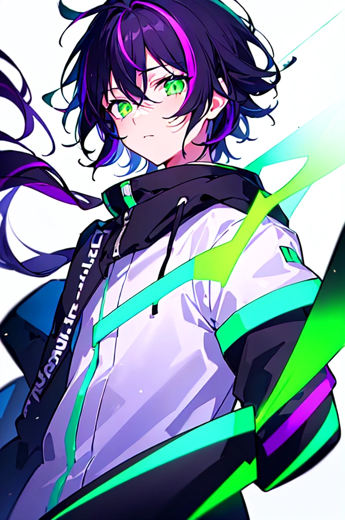 [(WHITE BACKGROUND:1.5),::5], ((((masterpiece)))), high quality, ultra very high resolution, full color, (((solo))), (()), black hair, ((purple streaked hair)), (green eyes), anime, ((upper body)), neon light, black parka, (green flame effect:1.2)