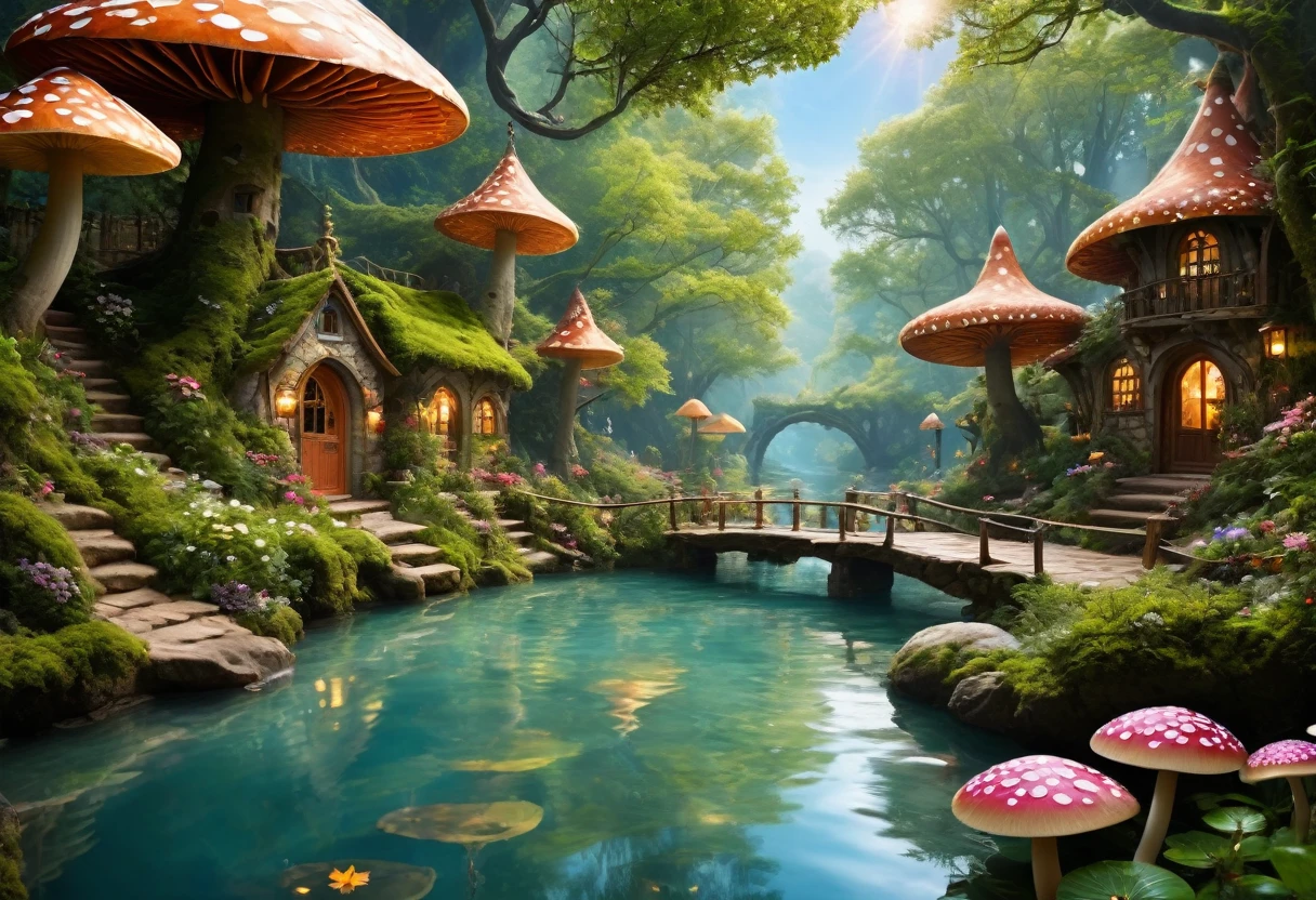 (best quality,4k,8k,highres,masterpiece:1.2),ultra-detailed,(realistic,photorealistic,photo-realistic:1.37),a charming fairy village,enchanted forest,magical creatures,glowing mushrooms,whimsical treehouses,lush greenery,sparkling waterfalls,fairy lights,dainty flowers,serene atmosphere,soft sunlight,fairy dust,ethereal beings,peaceful lakeside,cobblestone pathways,celestial stars,stunning architecture,magical bridges,mystical fog,harmonious colors,surreal ambiance,enchanted music,fairytale-like cottages,floating lanterns,hidden nooks and crannies,playful sprites,whispering winds,tinkling laughter,secretive entrances,hidden treasures,magical doorways,lively marketplace,elaborate costumes,vibrant market stalls,dreamy reflections in the water,fairy wings,index:above-average,dream-like,imagination,stardust magic,tranquil haven