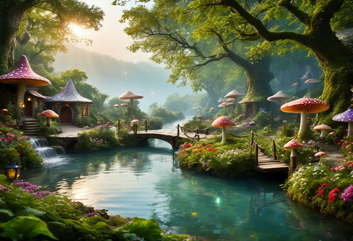 (best quality,4k,8k,highres,masterpiece:1.2),ultra-detailed,(realistic,photorealistic,photo-realistic:1.37),a charming fairy village,enchanted forest,magical creatures,glowing mushrooms,whimsical treehouses,lush greenery,sparkling waterfalls,fairy lights,dainty flowers,serene atmosphere,soft sunlight,fairy dust,ethereal beings,peaceful lakeside,cobblestone pathways,celestial stars,stunning architecture,magical bridges,mystical fog,harmonious colors,surreal ambiance,enchanted music,fairytale-like cottages,floating lanterns,hidden nooks and crannies,playful sprites,whispering winds,tinkling laughter,secretive entrances,hidden treasures,magical doorways,lively marketplace,elaborate costumes,vibrant market stalls,dreamy reflections in the water,fairy wings,index:above-average,dream-like,imagination,stardust magic,tranquil haven