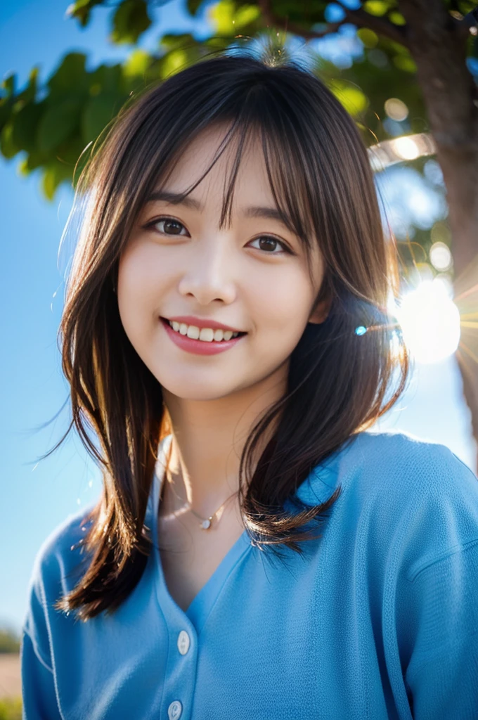 (8K, RAW Photos, Highest quality、masterpiece:1.2), (Realistic、Realistic:1.37), 1 girl, Laughter, View your audience, The background is blue sky, Sun glare, Blurred Background, Particles of light, Strong winds,