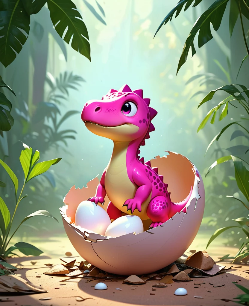 Interesting illustrations：Pink little dinosaur in a broken eggshell，cute