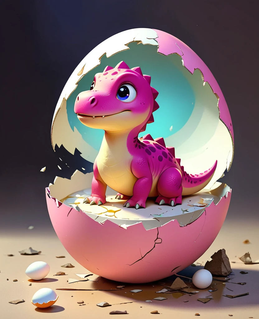 Interesting illustrations:Pink little dinosaur in a broken eggshell,cute