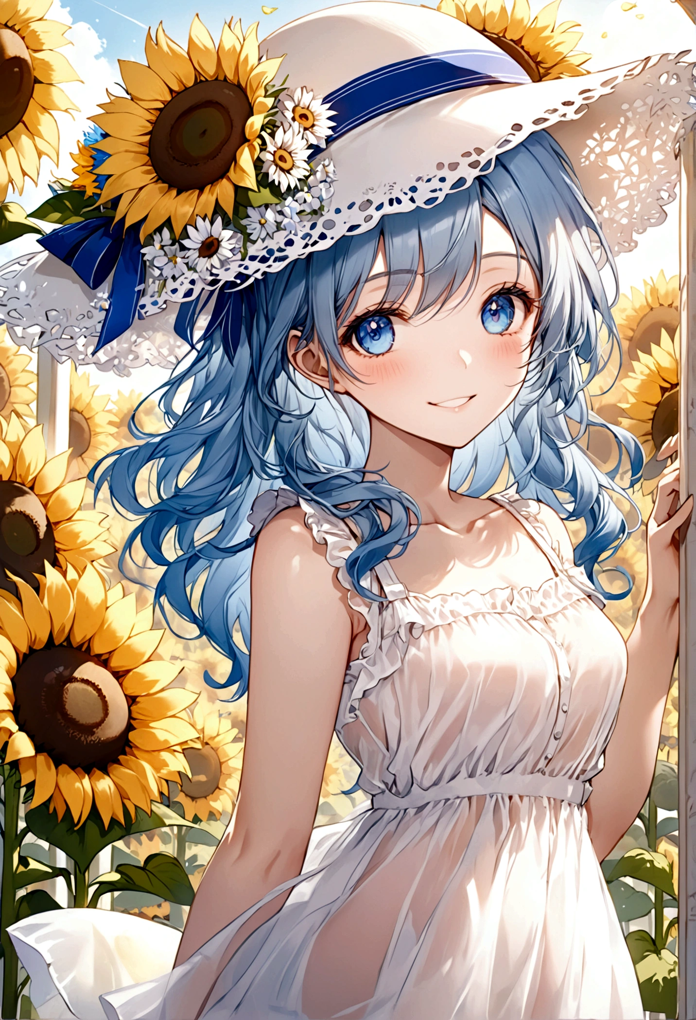 ((top-quality)), ((masterpiece)), ((ultra-detailliert)), (extremely delicate and beautiful), beautiful woman, bright light blue hair, long wavy hair, sapphire blue eyes, sunhat, sheer white sundress, summer background, sunflowers in the background, sweet smile, relaxed expression, fair complexion, delicate white flowers on sunhat