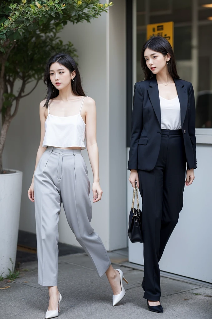 Simple workplace style:Choose a simple camisole,Pair it with a pair of high-waisted trousers and a pair of simple high heels。You can wear a suit jacket outside,Increase formality。This combination is suitable for work or formal occasions,Show a neat and capable image。