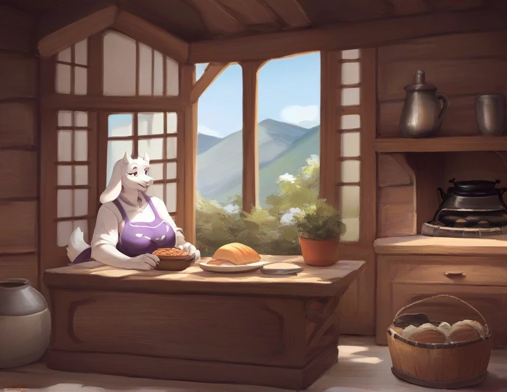 score_9, score_9_up, score_8_up, score_7_up, score_6_up, score_5_up, rating_safe, source_furry, anthro, toriel, solo, huge breasts,, baking a pie in a stove, digital art anthro, tail, fully in view, detailed fluffy fur covered body, duo, in a cottage home indoors,
