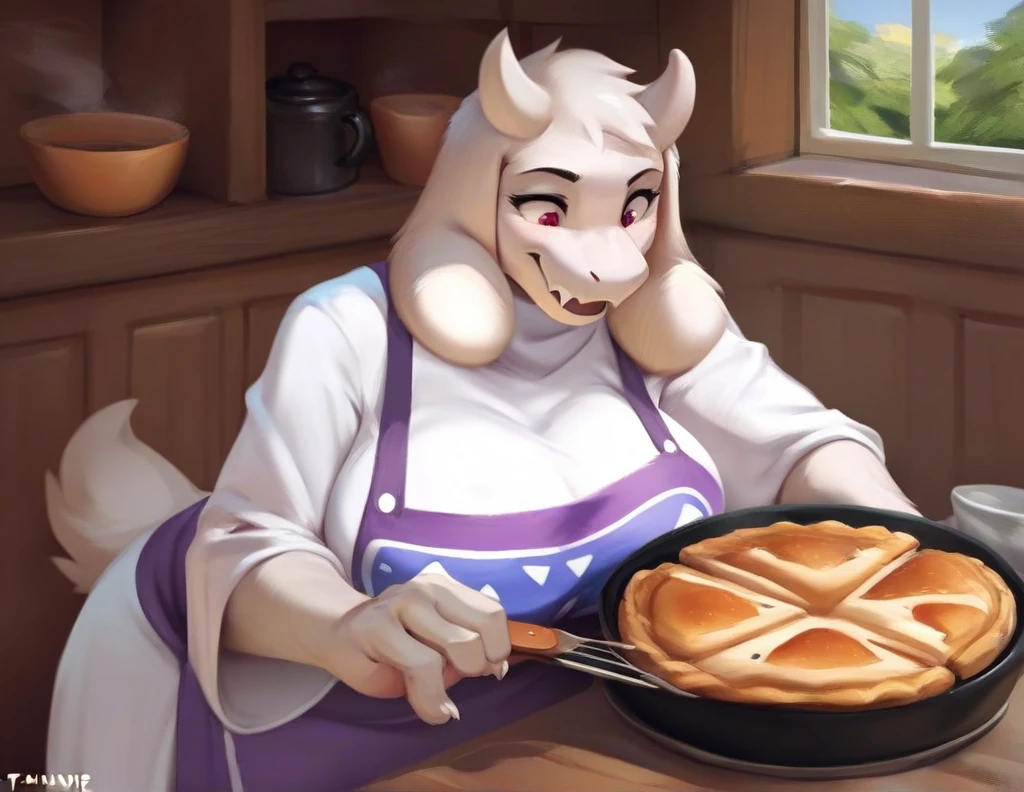 score_9, score_9_up, score_8_up, score_7_up, score_6_up, score_5_up, rating_safe, source_furry, anthro, toriel, solo, huge breasts,, baking a pie in a stove, digital art anthro, tail, fully in view, detailed fluffy fur covered body, duo, in a cottage home indoors,
