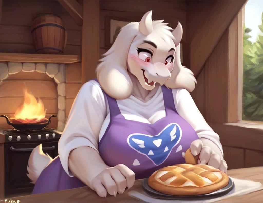 score_9, score_9_up, score_8_up, score_7_up, score_6_up, score_5_up, rating_safe, source_furry, anthro, toriel, solo, huge breasts,, baking a pie in a stove, digital art anthro, tail, fully in view, detailed fluffy fur covered body, duo, in a cottage home indoors,
