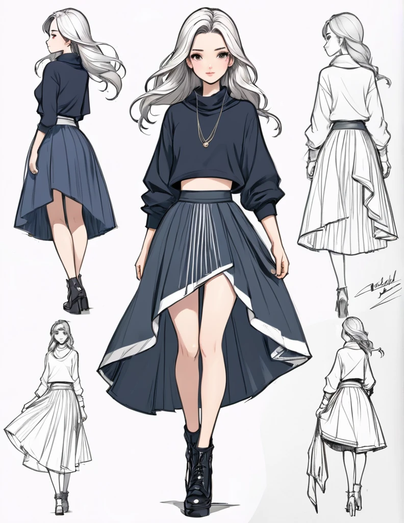 character concept design, line art，clothing design sketch，a skirt，High quality illustrationtiz，meticuloso，pencil drawing，pen painting，