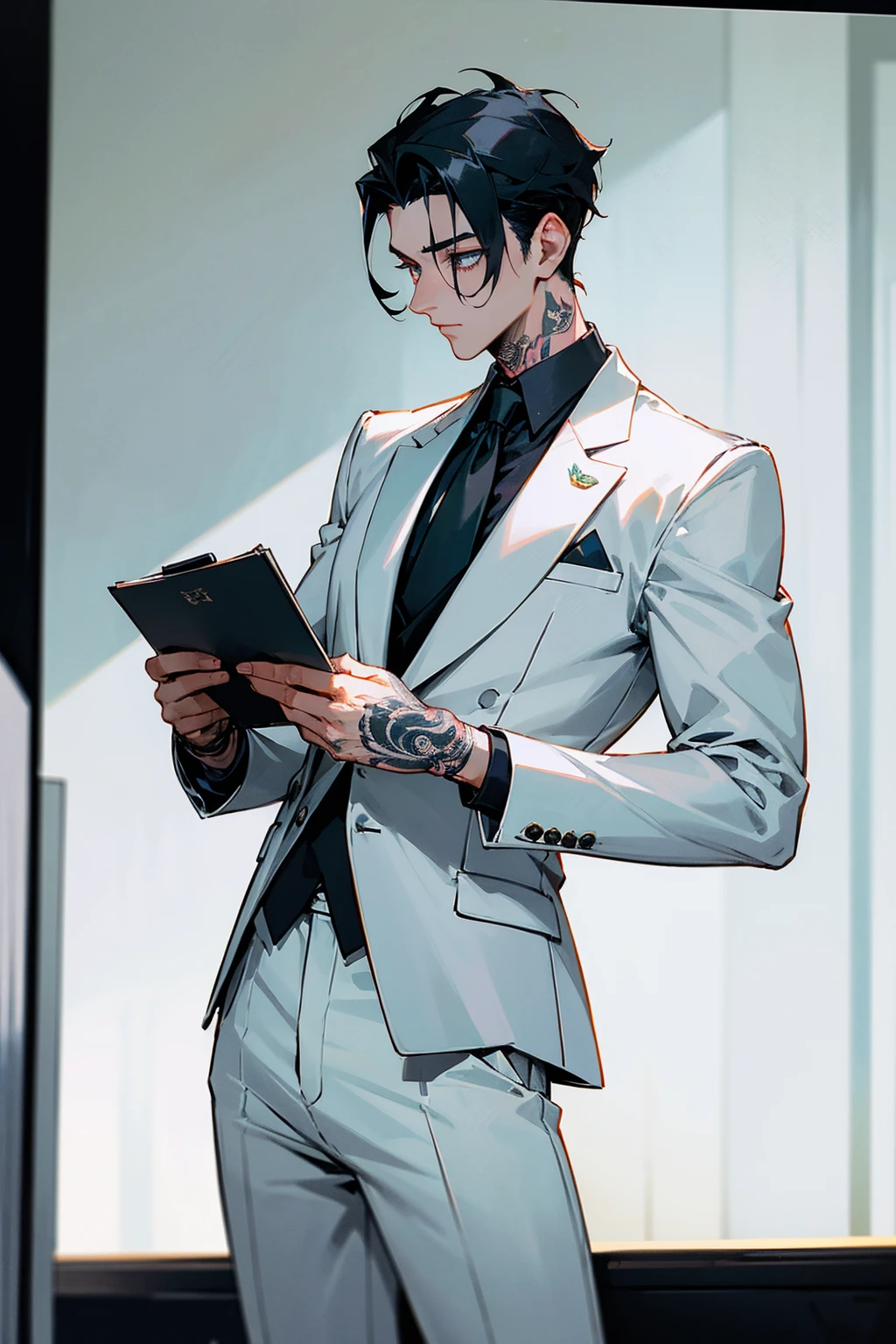 1 male, 25 years old British male, decisive, graceful, tattooed, emerald eyes, black hair, white suit, black shirt, tie, British gentleman, white pants, office president, perfect body
Standing, holding a cup of coffee in his hand