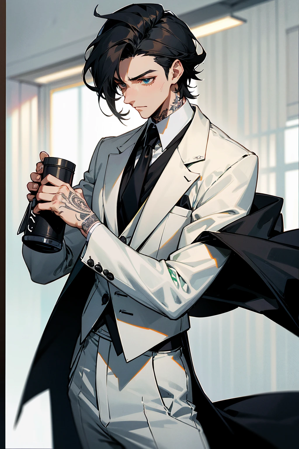 1 male, 25 years old British male, decisive, graceful, tattooed, emerald eyes, black hair, white suit, black shirt, tie, British gentleman, white pants, office president, perfect body
Standing, holding a cup of coffee in his hand