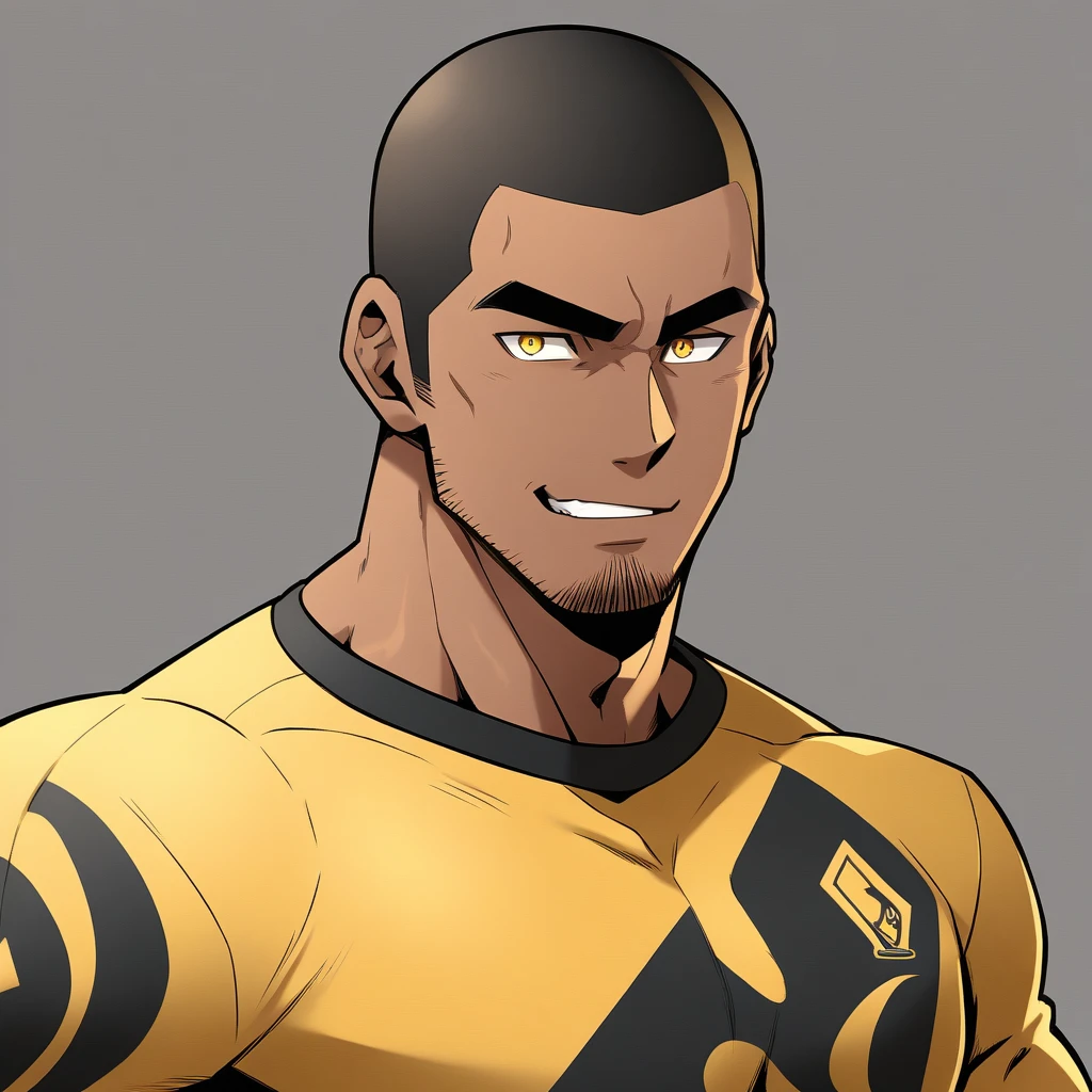anime characters：Gyee, Young Muscle Sports Teacher, negro black skin, Buzz Cut, Manliness, male focus, Dark yellow long sleeve tight T-shirt, Slightly transparent texture, Very tight, Slightly transparent, muscular male, muscular, only, Upper body, alone, Black short hair, Thick eyebrows, stubble, Yellow eyes, Grey background, simple background, amazing quality, best aesthetics, Ridiculous, bright pupils, crew cut, parted lips, seductive smile, torogao, naughty face, best quality