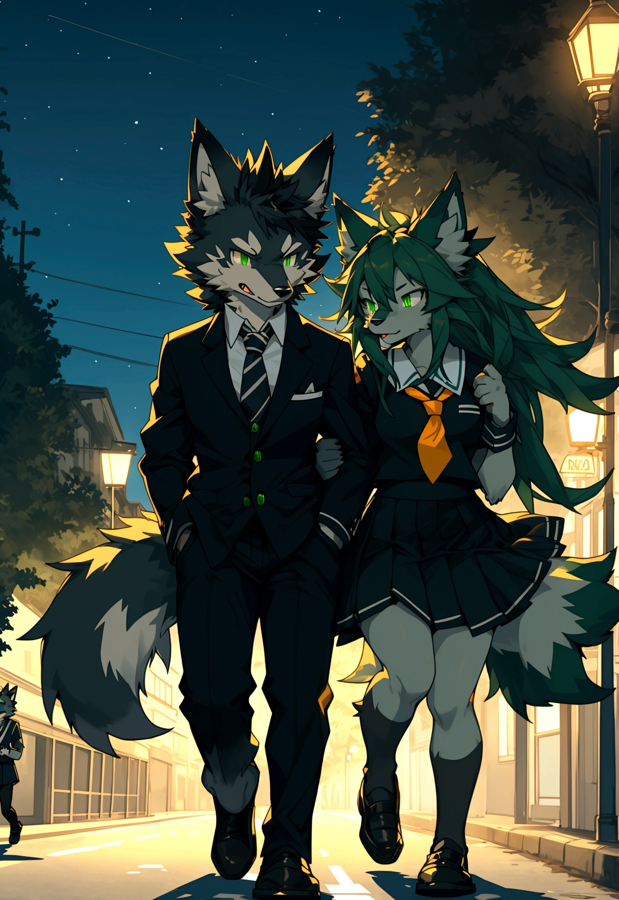 A boy and a girl walking down the street at night,anthro wolf,black fur,school uniform,green eyes,wolf tails