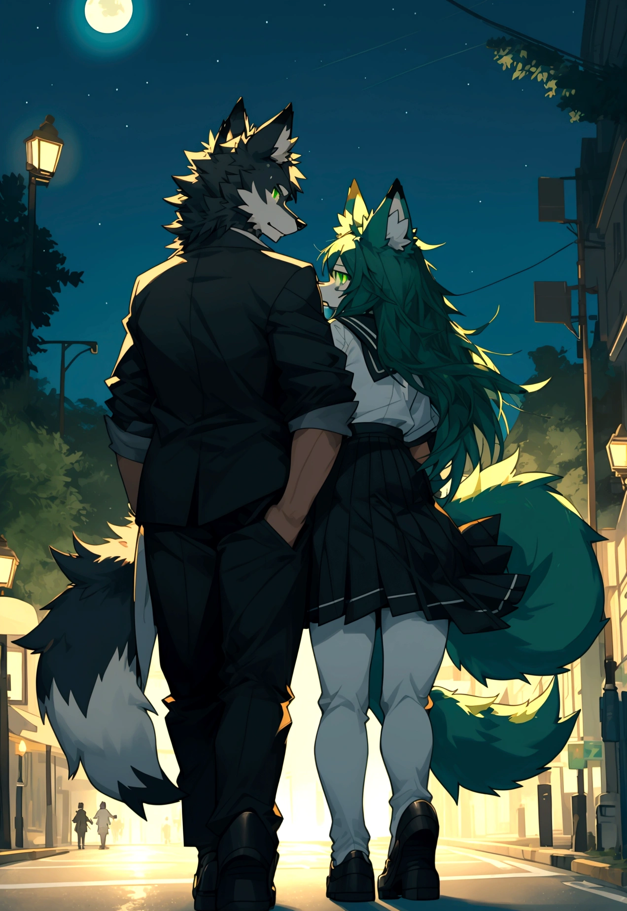 A boy and a girl walking down the street at night,anthro wolf,black fur,school uniform,green eyes,wolf tails