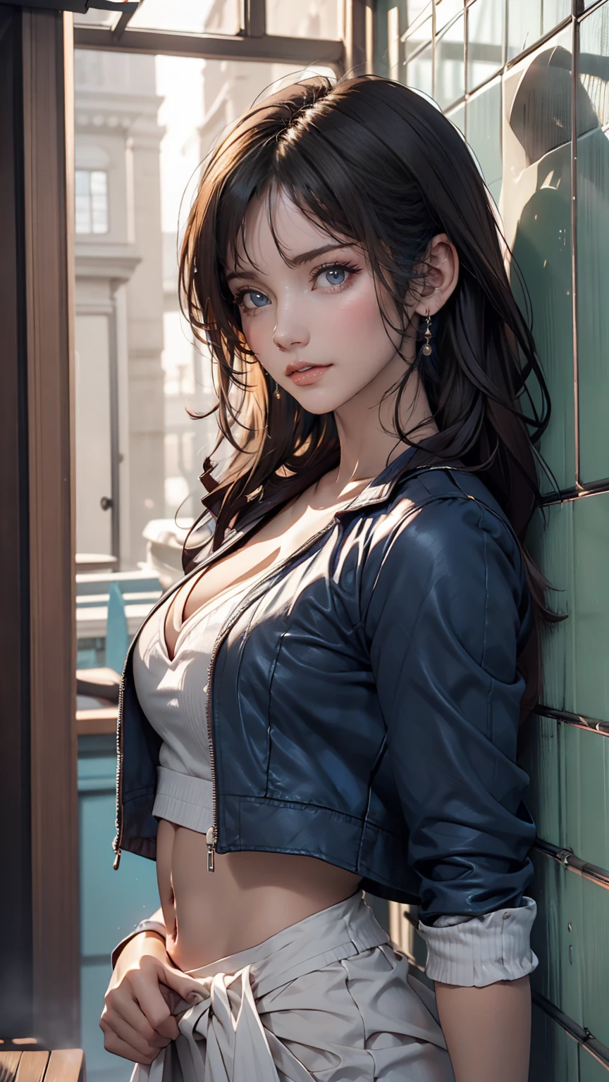 Asian woman in a blue jacket leaning against a wall, Face close-up, Side light、24-year-old female、Sexy proportions、Sexy、Narrow waist、Wear accessories on your wrist、