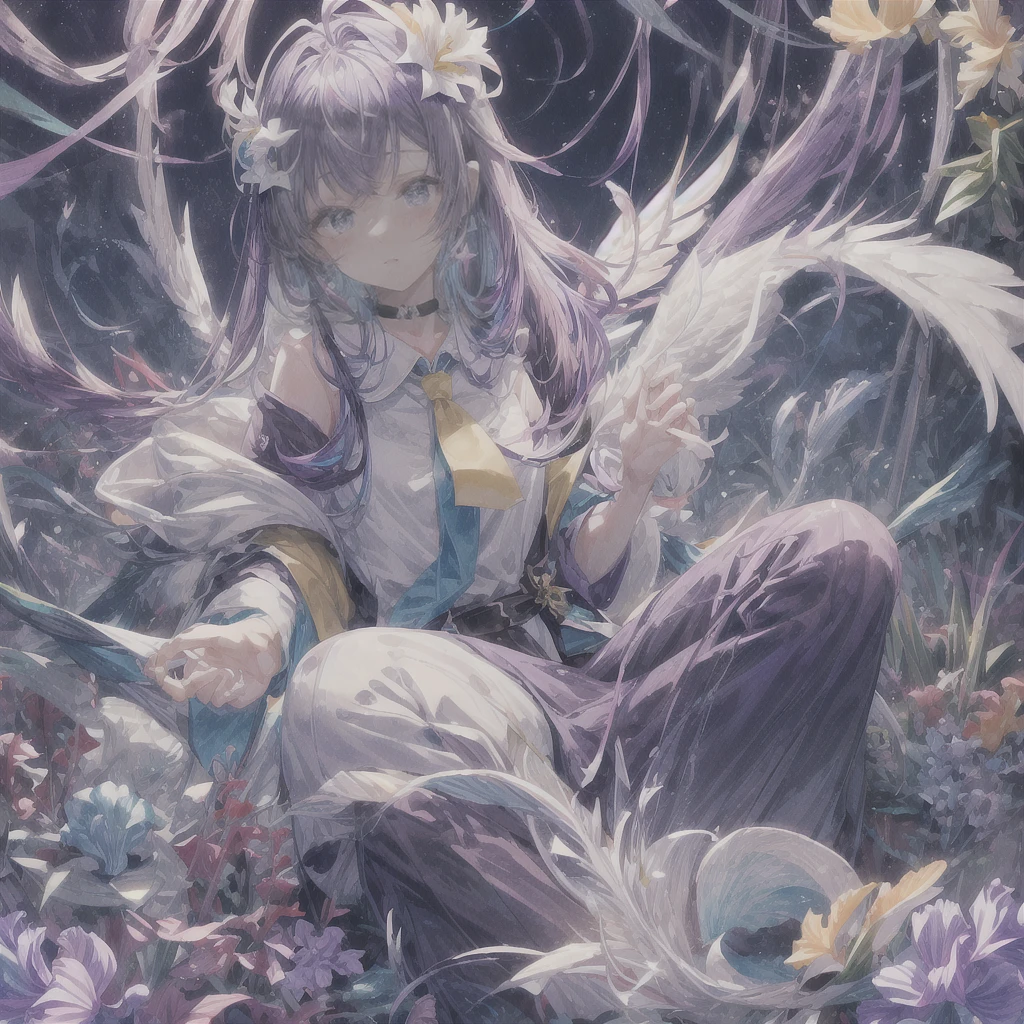 pretty, anime, pastel, neon, vtuber-fullbody vtuber-halfbody, kawaii Masterpiece, young woman, sitting down, parted lips, black eyes, fluffy curly hair, bangs, ahoge, light brown hair, rosy cheeks, short sleeve, black and purple dress, puffy sleeves, black gloves, purple ribbons, ((faded iris)), myceliumtech, scifi, Mycelia, spongy, PsychedelicMasterpiece, ((Faded iris)), flowers, smile, water effect, ahoge, looking up, upper view, yuki miku, very long blue hair, twintails, hair ornament, blue eyes, kawaii looking upupper viewhair ornament(masterpiece:1.2), (hires:1.2), (better hands:1.2), beautiful hands, perfect anatomy, holding star, 1boy, antenna hair, choker, white jacket, shoulder-belt, collared shirt, ear piercing, chain earrings, gradient, stars hair ornament, male focus, multicolored hair, purple hair, yellow strands, yellow necktie, (eye1 purple, eye2 yellow, heterochromia), starlight, starMasterpiece, young girl, white hair, fluffy hair, ahoge, medium length hair, bird feathers, sky, jungle, feather ears, white bird wings, vibrant colors, flowers, flower crown, leaves, white silk dress, detailed sleeves, strewn plants, hair over eyes, butterfly style, more_details:-1, more_details:0, more_details:0.5, more_details:1, more_details:1.5, (((ultra detailed))), softcore, kawaii,