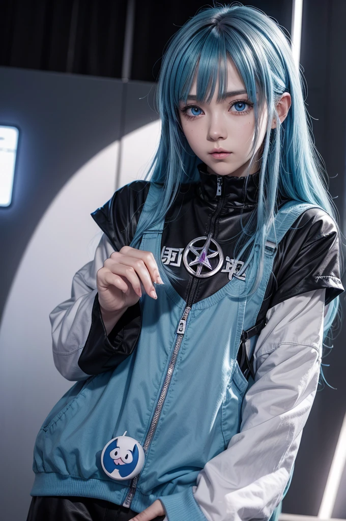 I want an anime style male character with kawaii symbol bright blue eyes satura gojo hair evil outfit